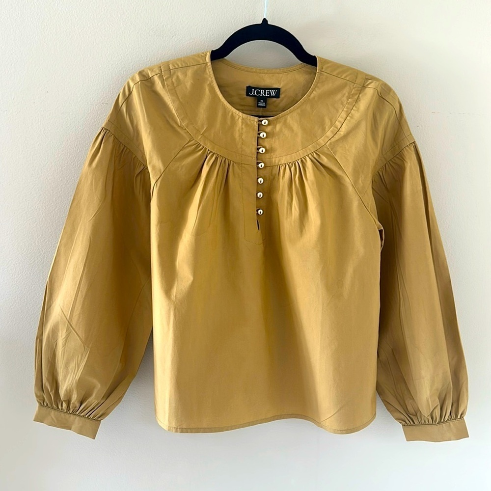 J. Crew Womens NWT Shirred Popover Cotton Poplin Top Honey Brown Size XS Preppy - Picture 2 of 10